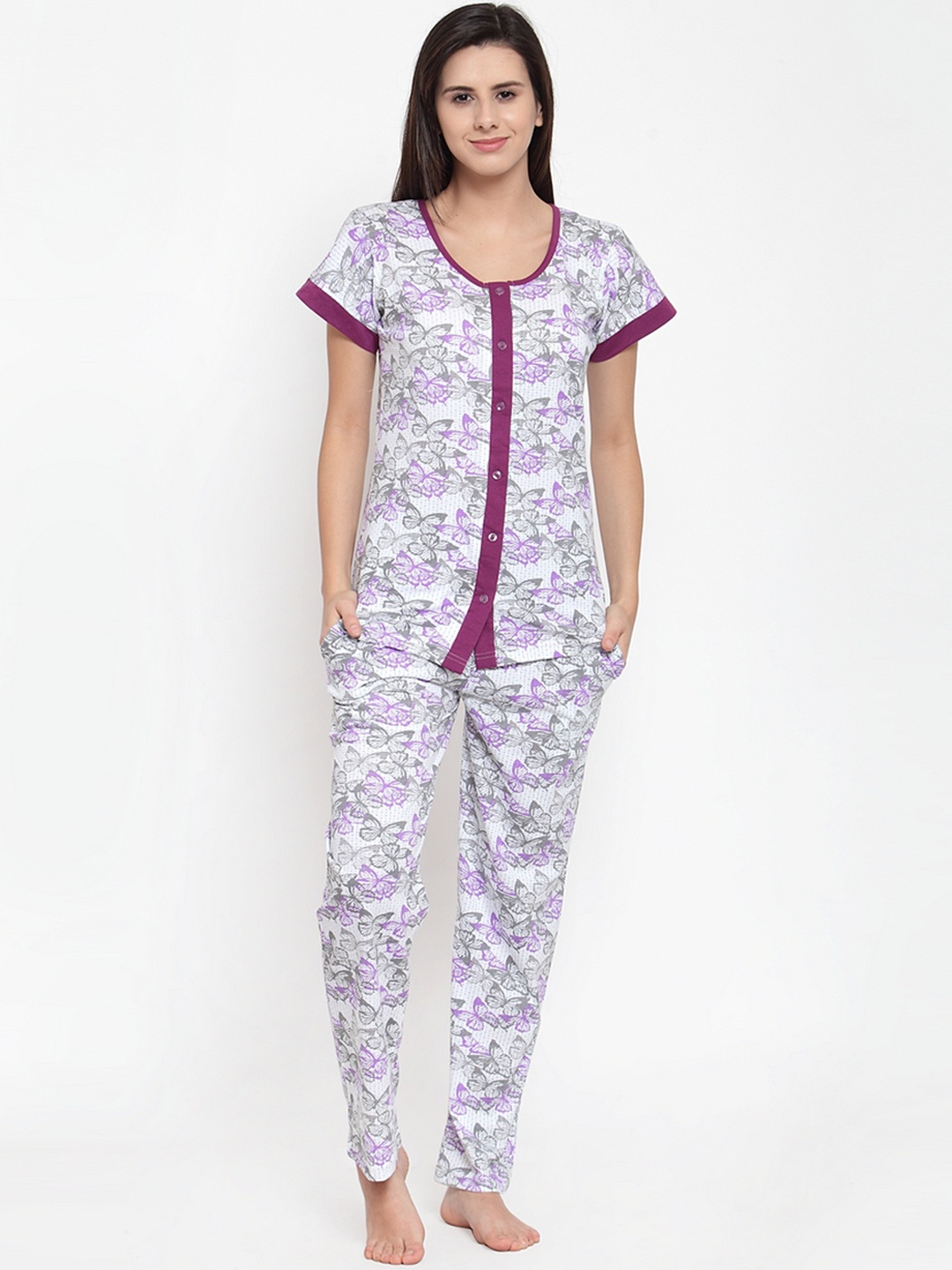 

Claura Women White & Purple Printed Night Suit