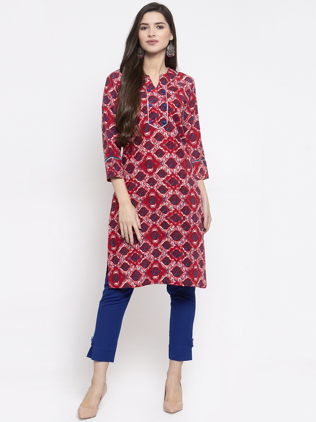 

Indibelle Women Maroon & Blue Printed Kurta with Trousers