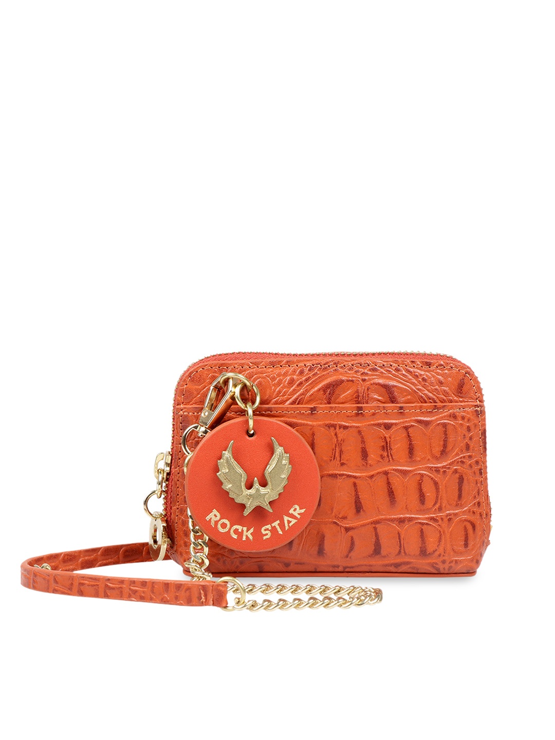 Hidesign Women Orange Textured Crocodileskin Leather Zip Around Wallet