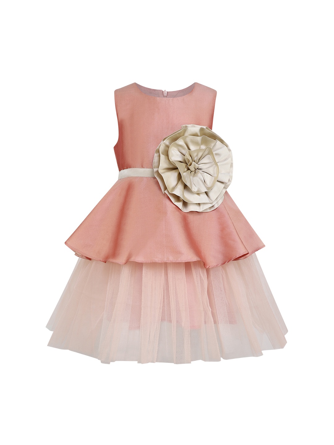 A Little Fable Girls Beige Mocha Flower Dress, Coral
