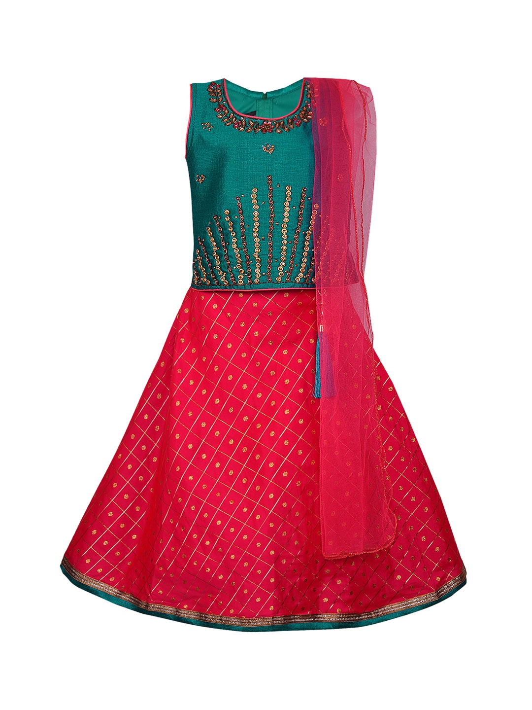 

Wish Karo Girls Green & Pink Embellished Ready to Wear Pattu Pavadai with Dupatta