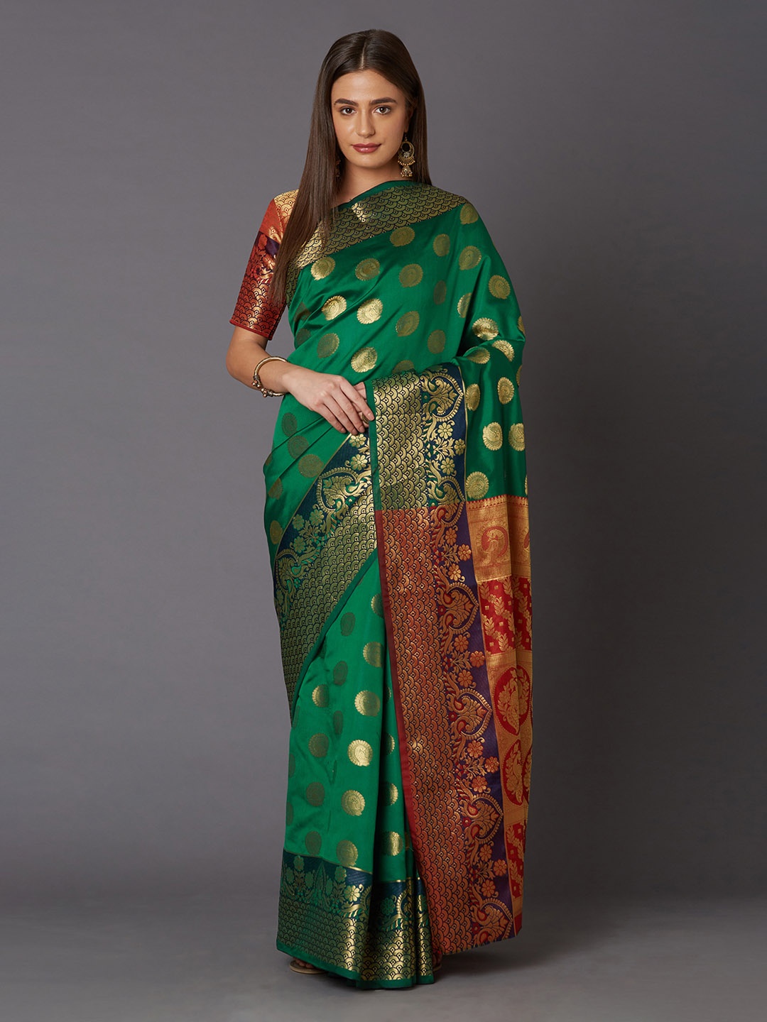 

Mitera Green & Red Silk Blend Woven Design Banarasi Saree