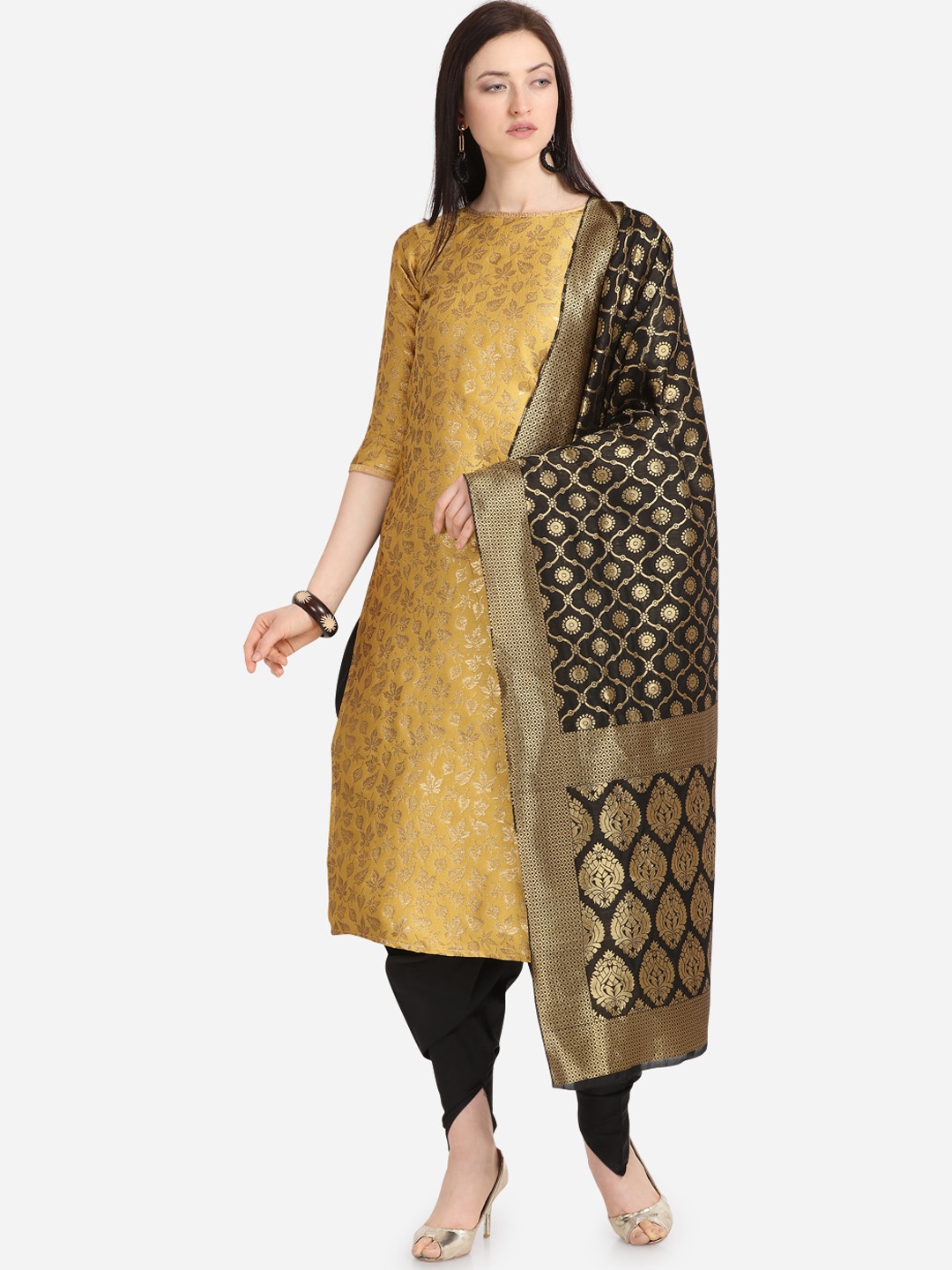 

Kvsfab Yellow & Black Silk Blend Unstitched Dress Material