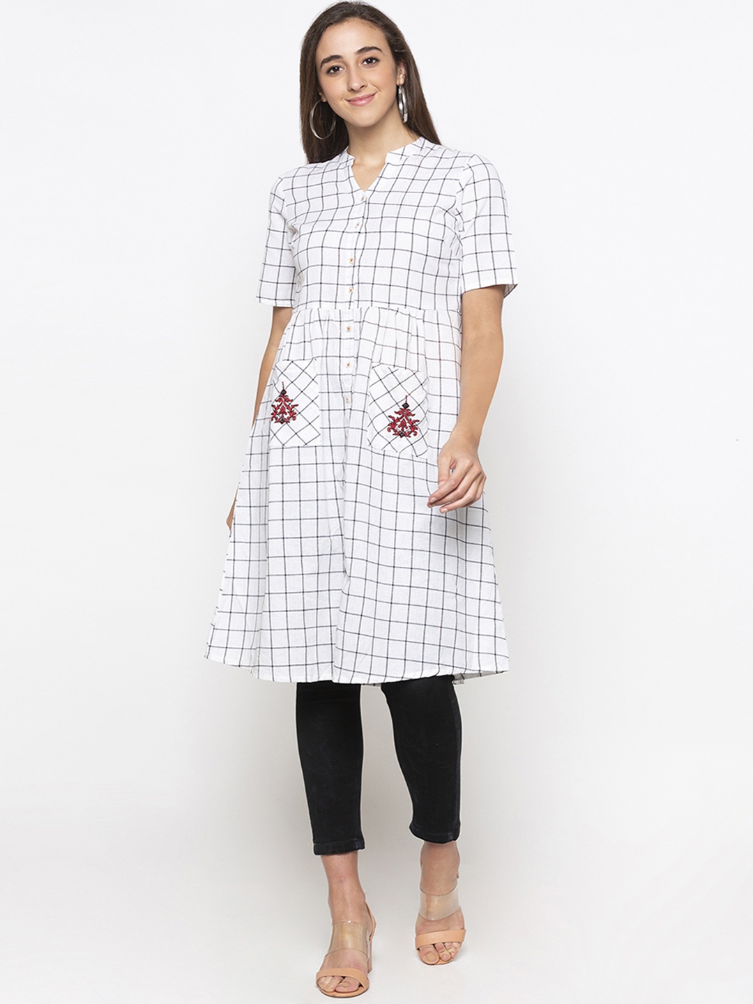 

Globus Women White & Black Checked A-Line Kurta