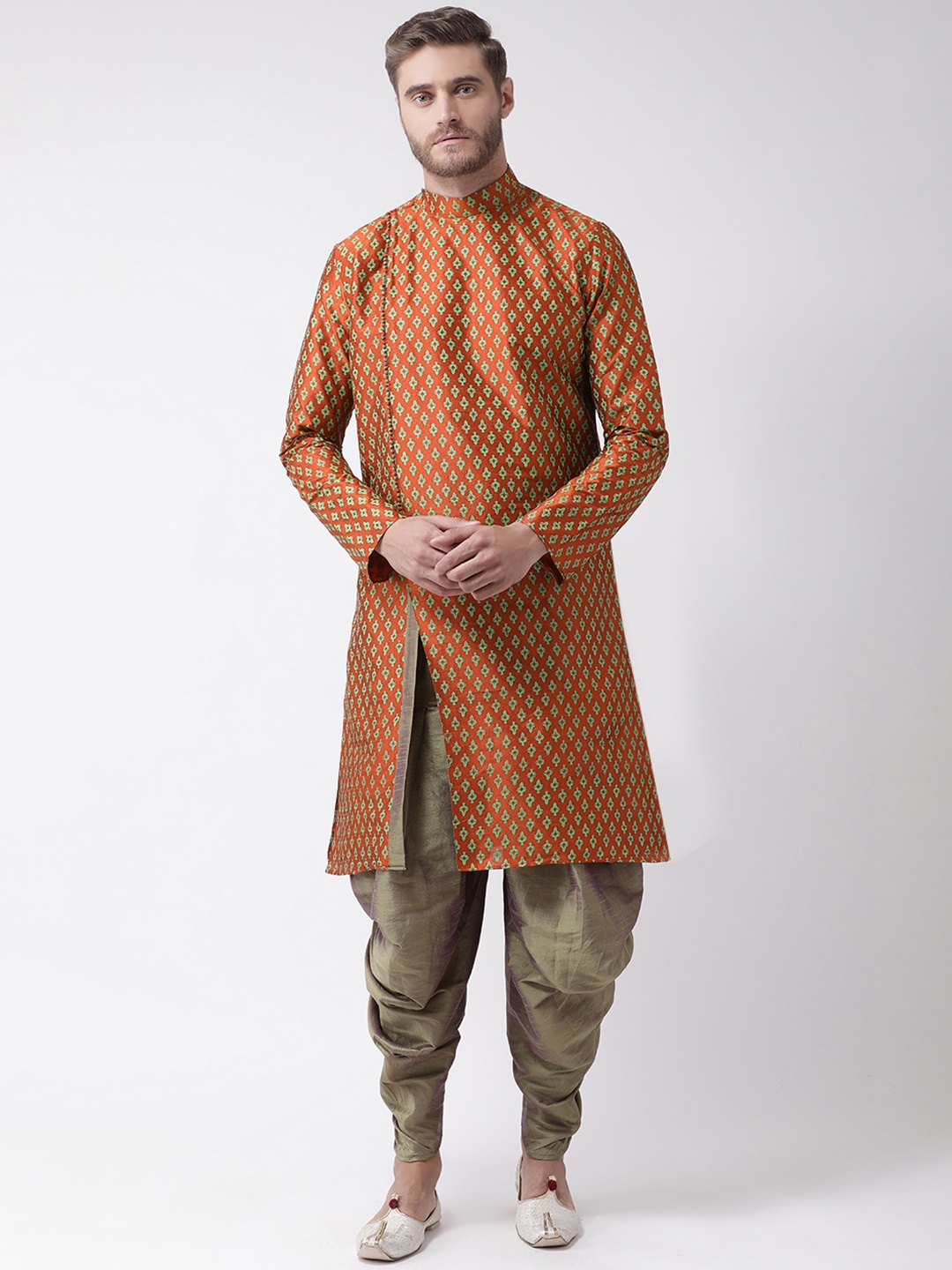 

DEYANN Men Orange & Beige Woven Design Straight Kurta