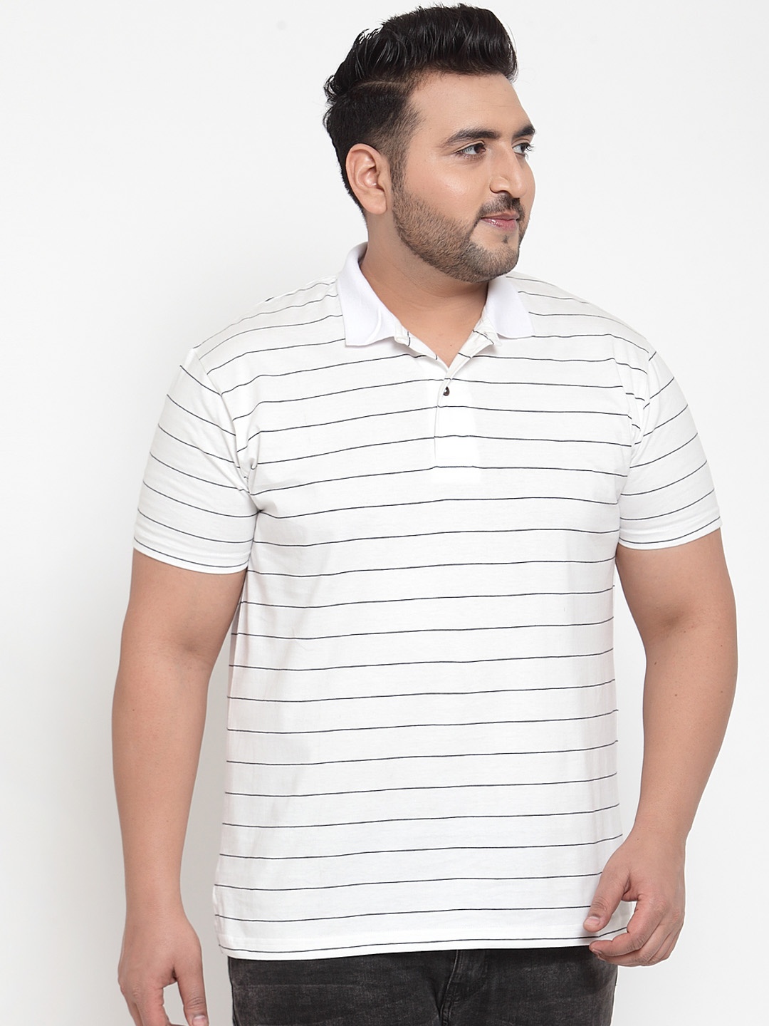

plusS Men White Black Striped Polo Collar Pure Cotton T-shirt