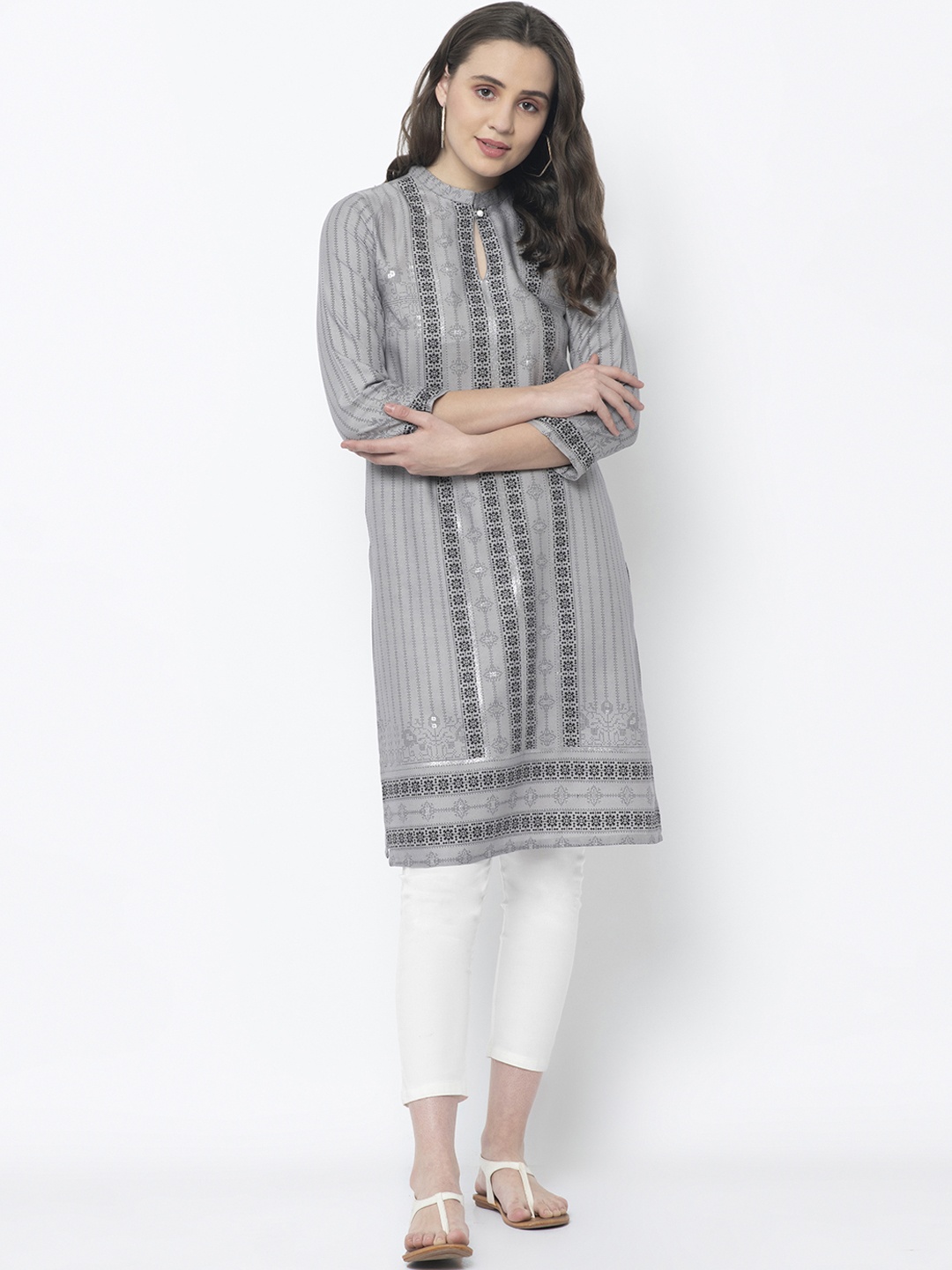 

FLAVIDO Women Grey & Black Striped Straight Kurta