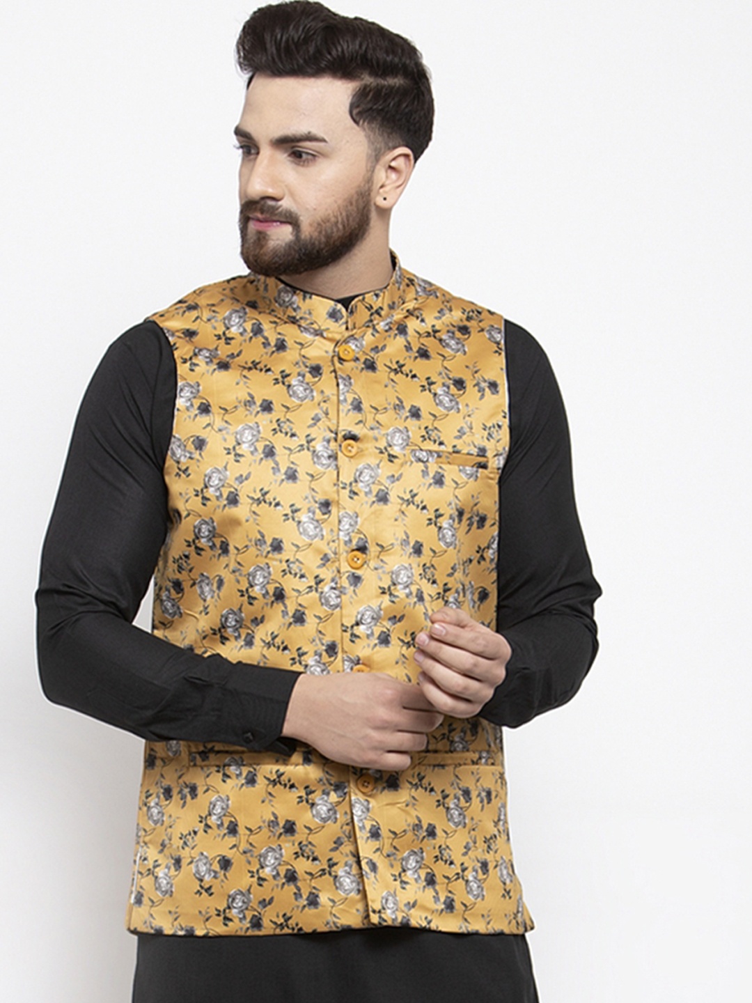 

Jompers Men Mustard Yellow & Grey Printed Nehru Jacket