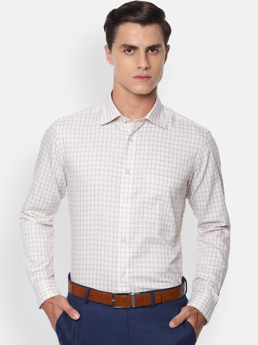 

Louis Philippe Permapress Men Beige & White Regular Fit Checked Wrinkle Free Formal Shirt