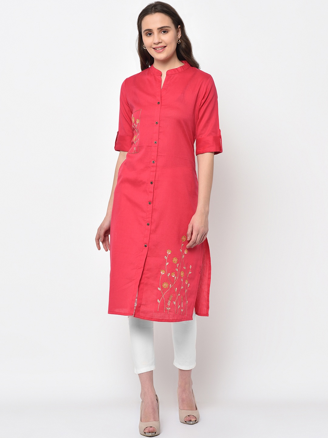 

FLAVIDO Women Pink Embroidered Straight Kurta