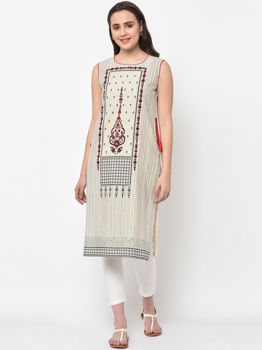 

FLAVIDO Women Off-White Printed Straight Kurta