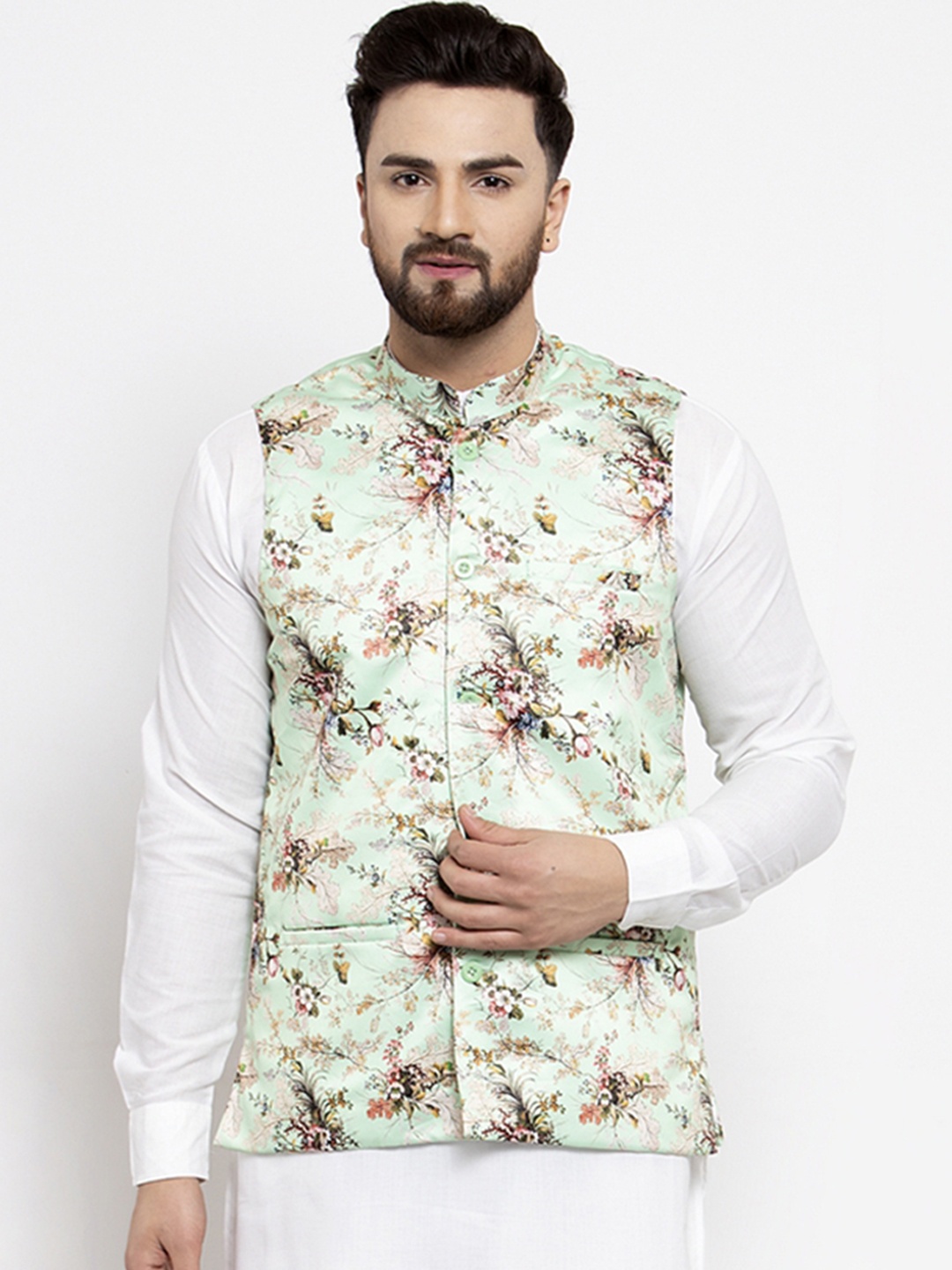 

Jompers Men Green & Pink Printed Nehru Jacket