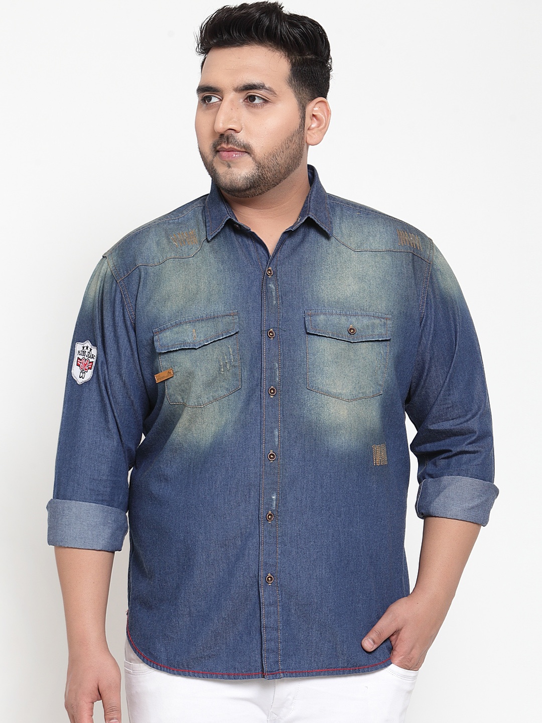 

plusS Men Regular Fit Denim Shirt, Blue