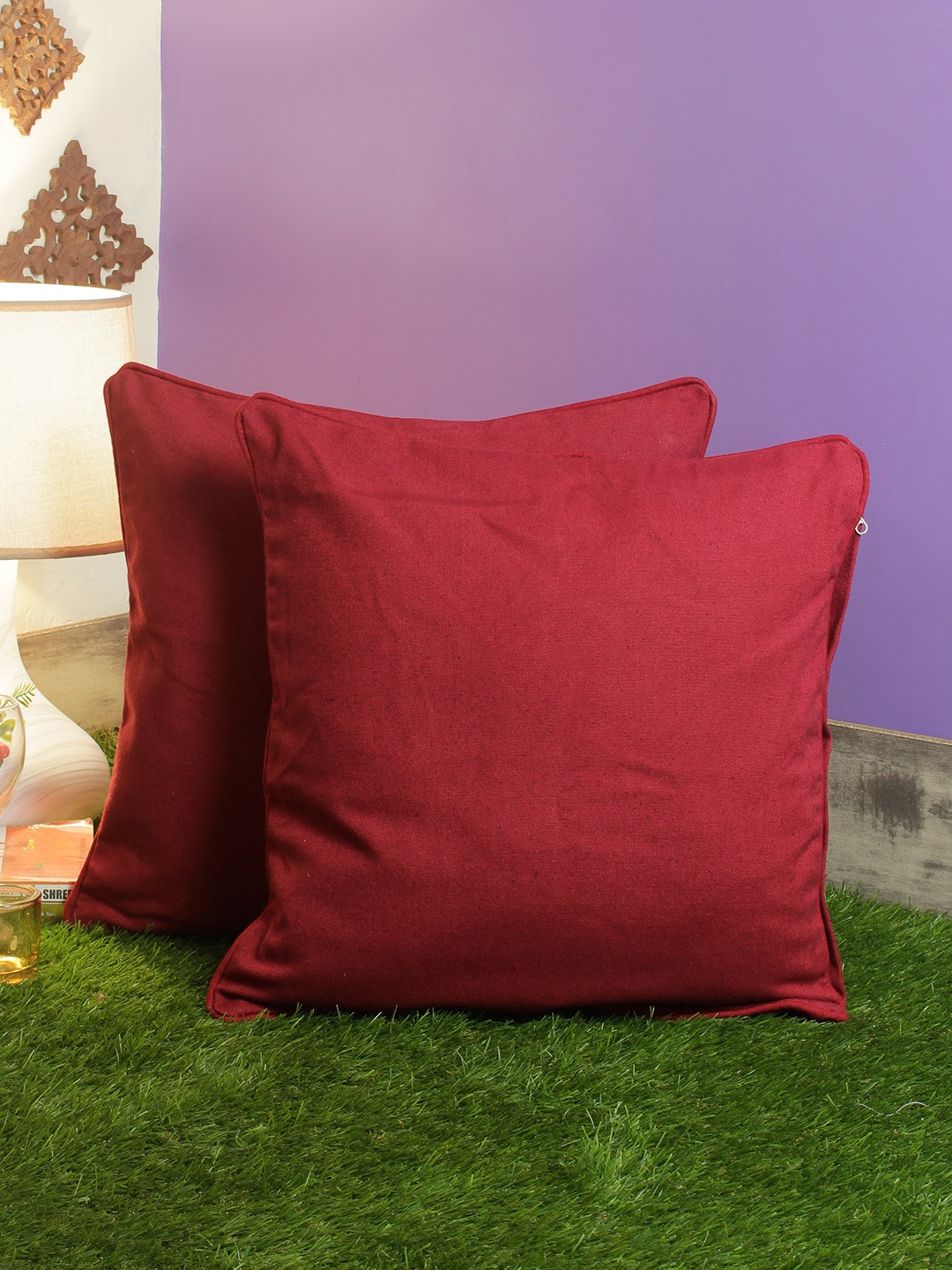 Soumya Maroon Set of 2 Solid Square Cushion Covers