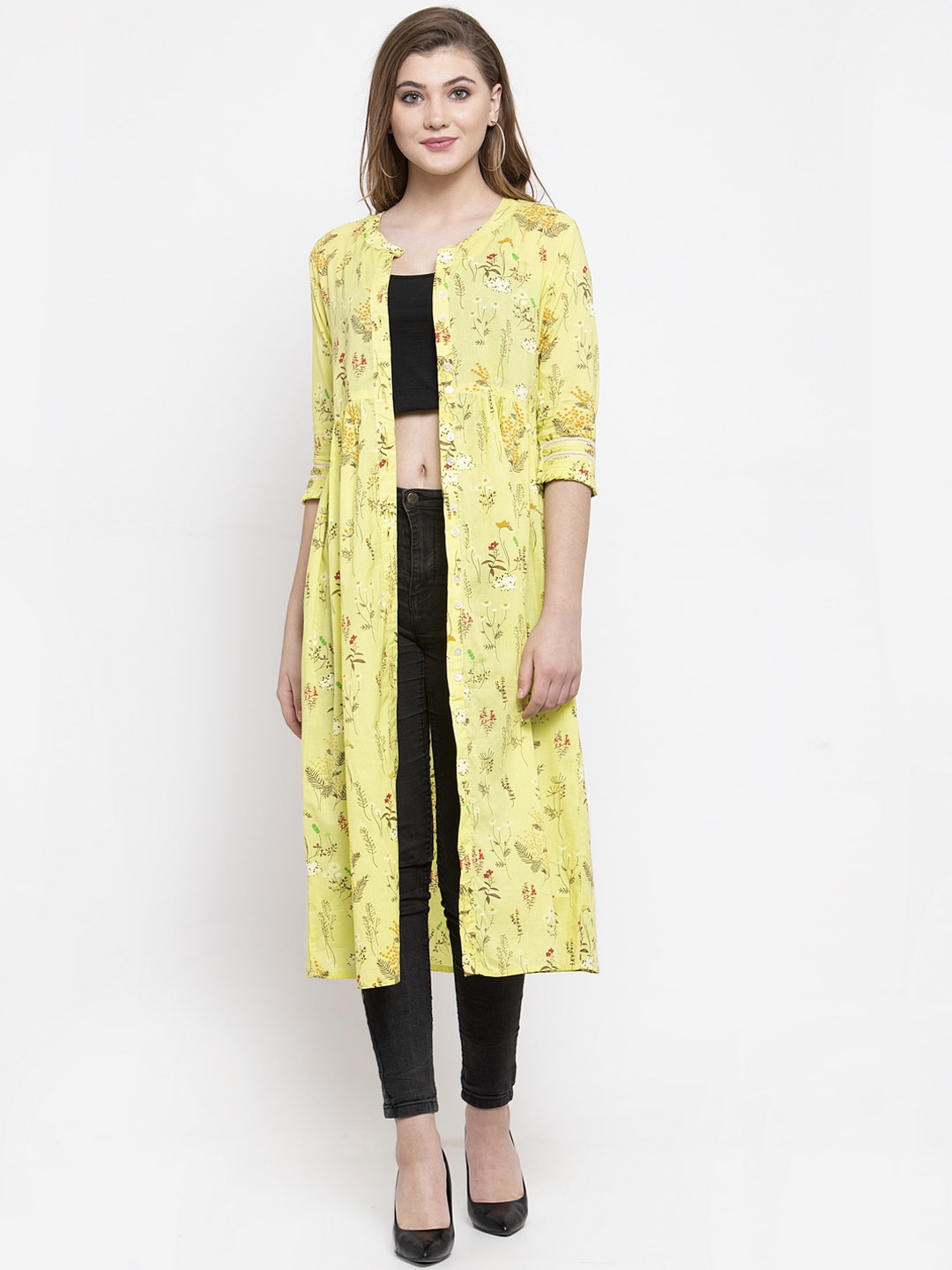 

Indibelle Women Yellow Printed Open Front Shrug