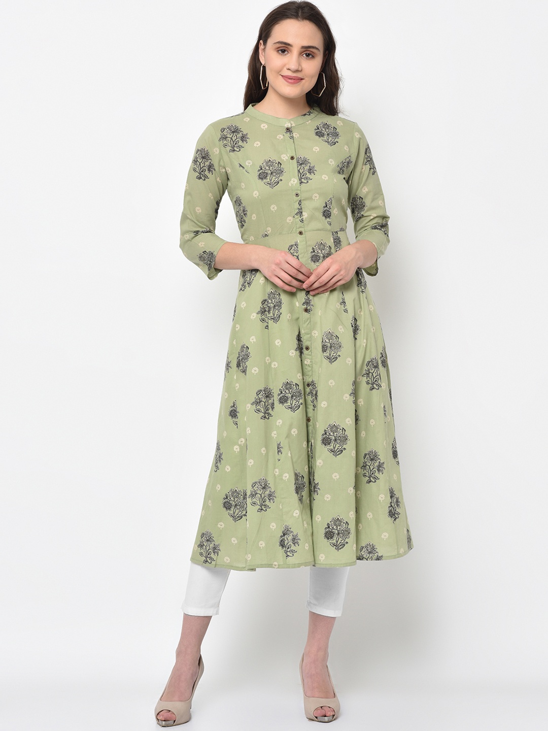 

FLAVIDO Women Green & Grey Printed A-Line Kurta