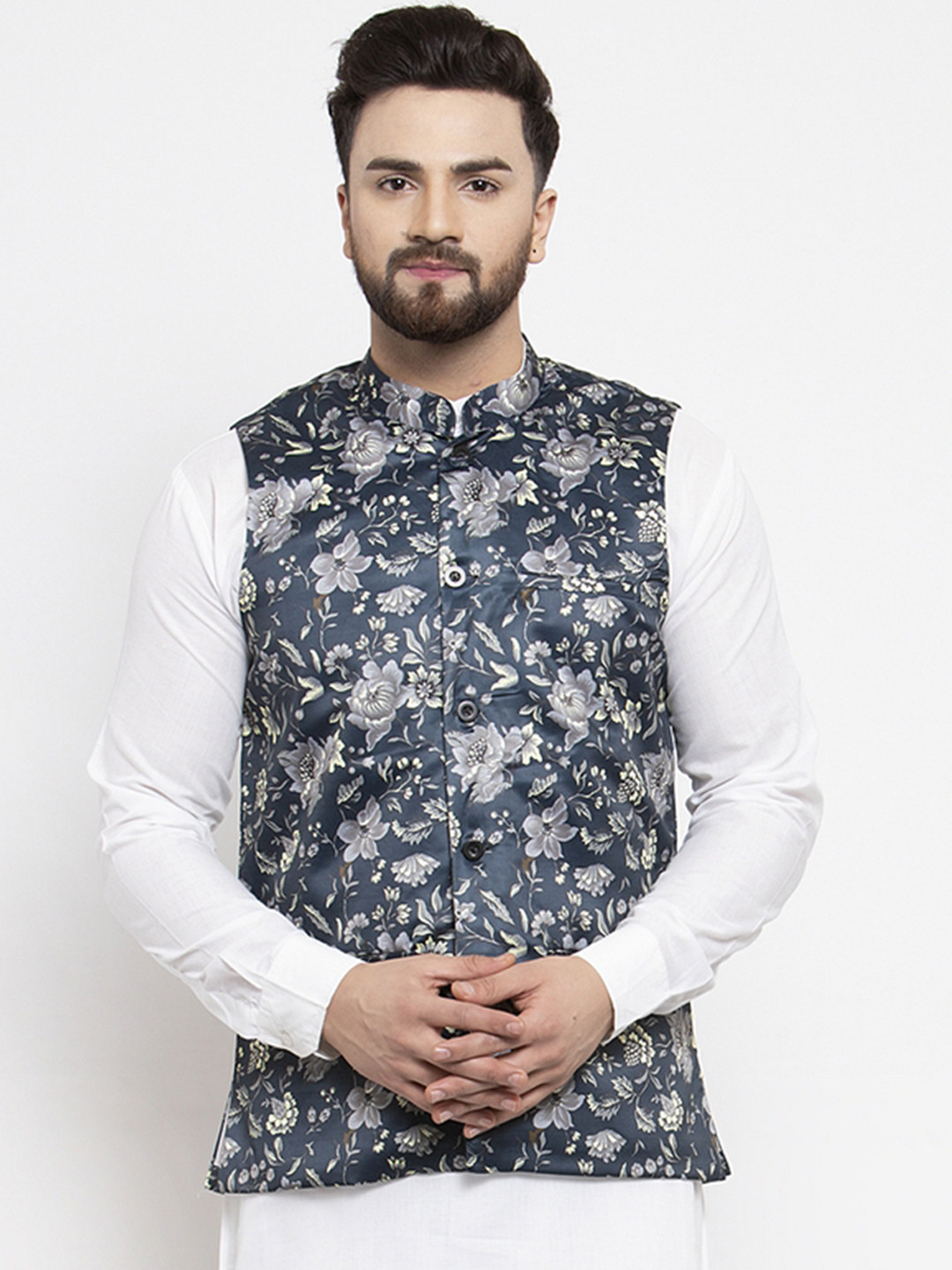 

Jompers Men Navy Blue & Grey Floral Printed Nehru Jacket