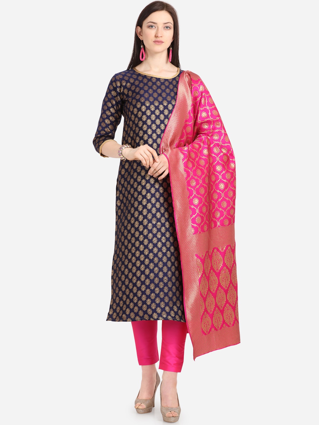 

Kvsfab Navy Blue & Pink Silk Blend Unstitched Dress Material