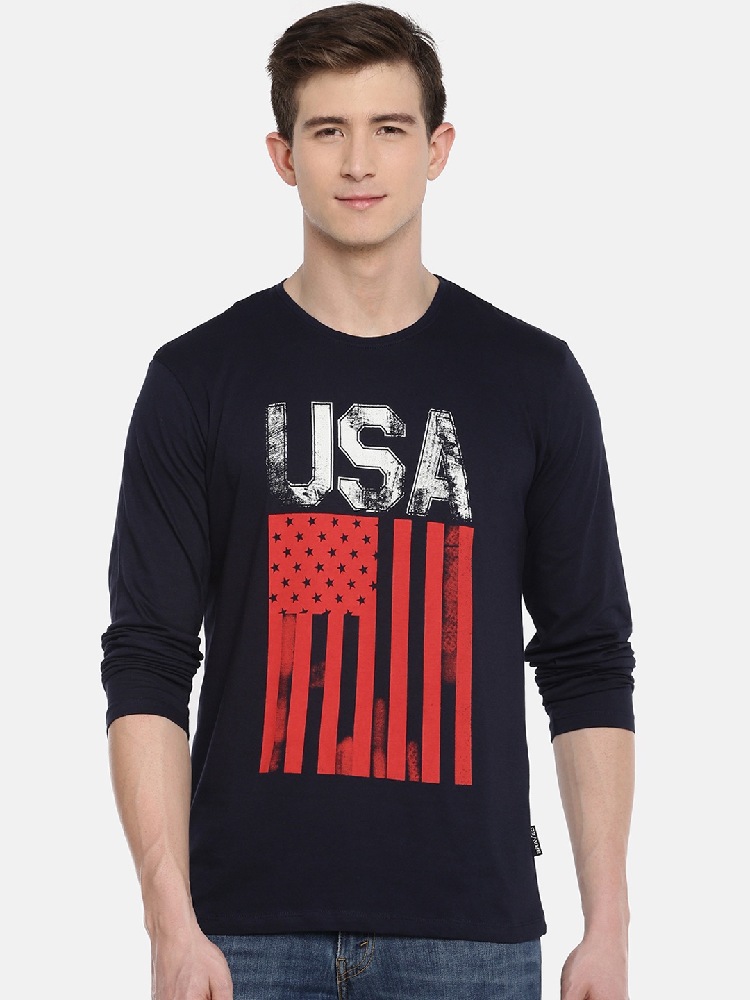 

Braveo Men Navy Blue Printed Round Neck Pure Cotton T-shirt