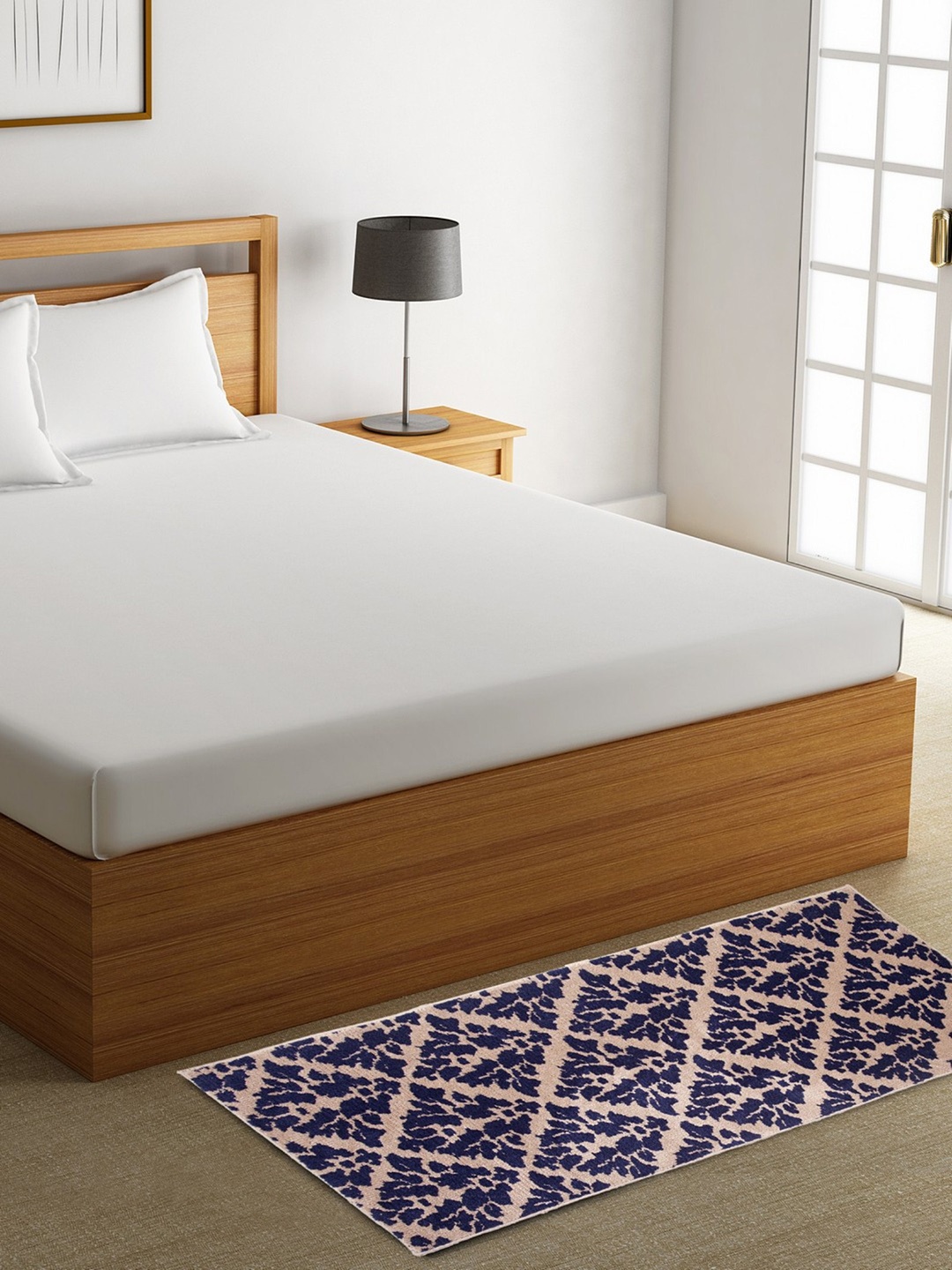 ROMEE Beige & Blue Printed Microfiber Bedside Floor Runner