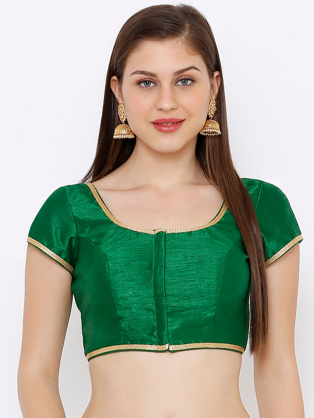 

SALWAR STUDIO Women Green Solid Cotton Silk Round Neck Solid Readymade Saree Blouse