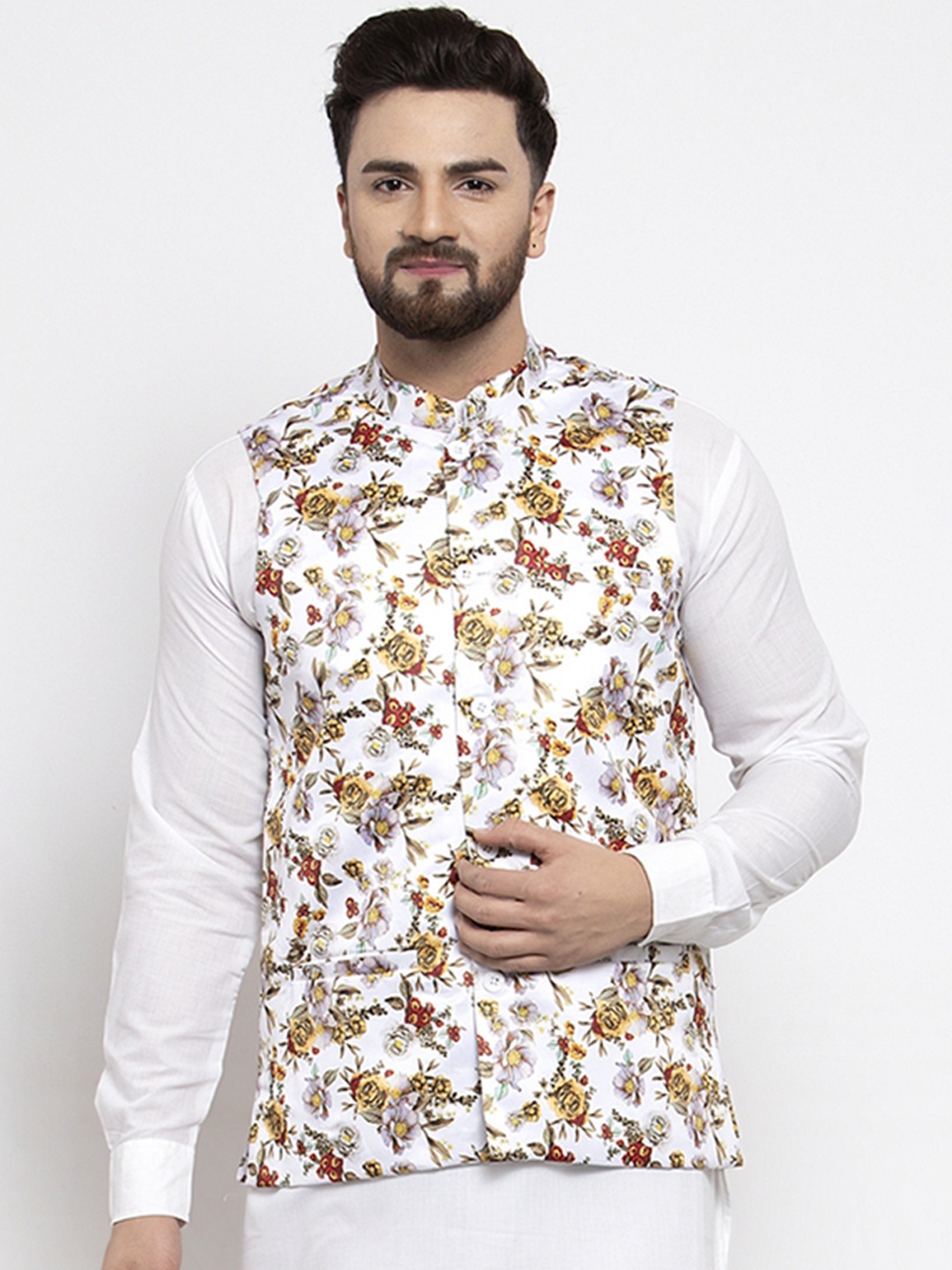 Jompers Men White & Yellow Printed Nehru Jacket