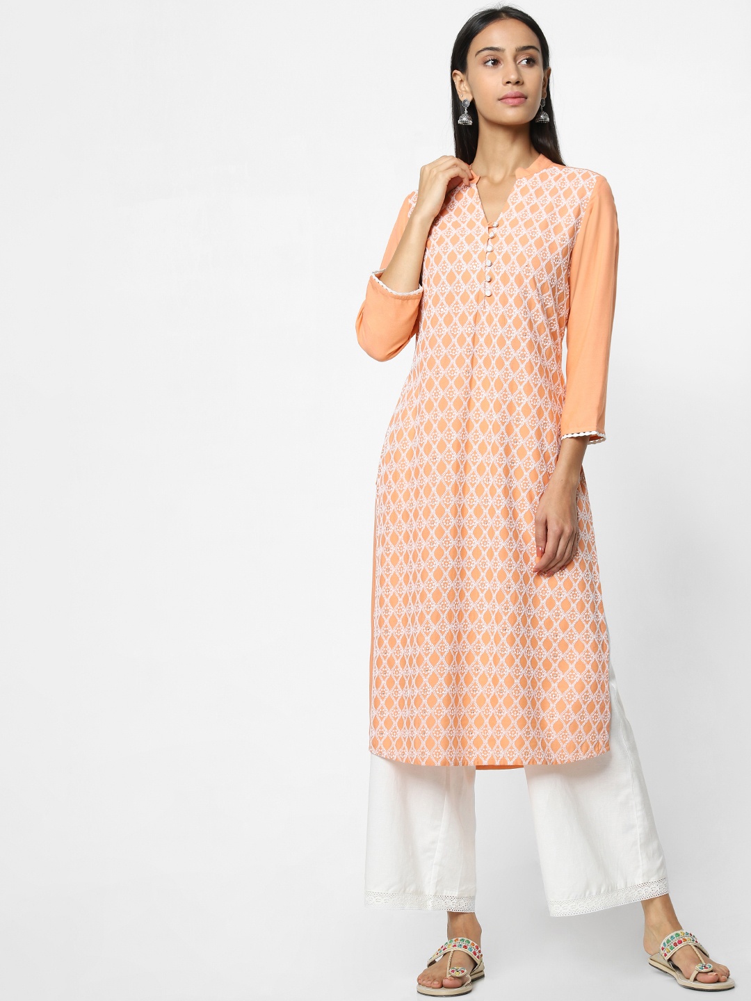 Naari Women Coral Orange & White Printed Straight Kurta