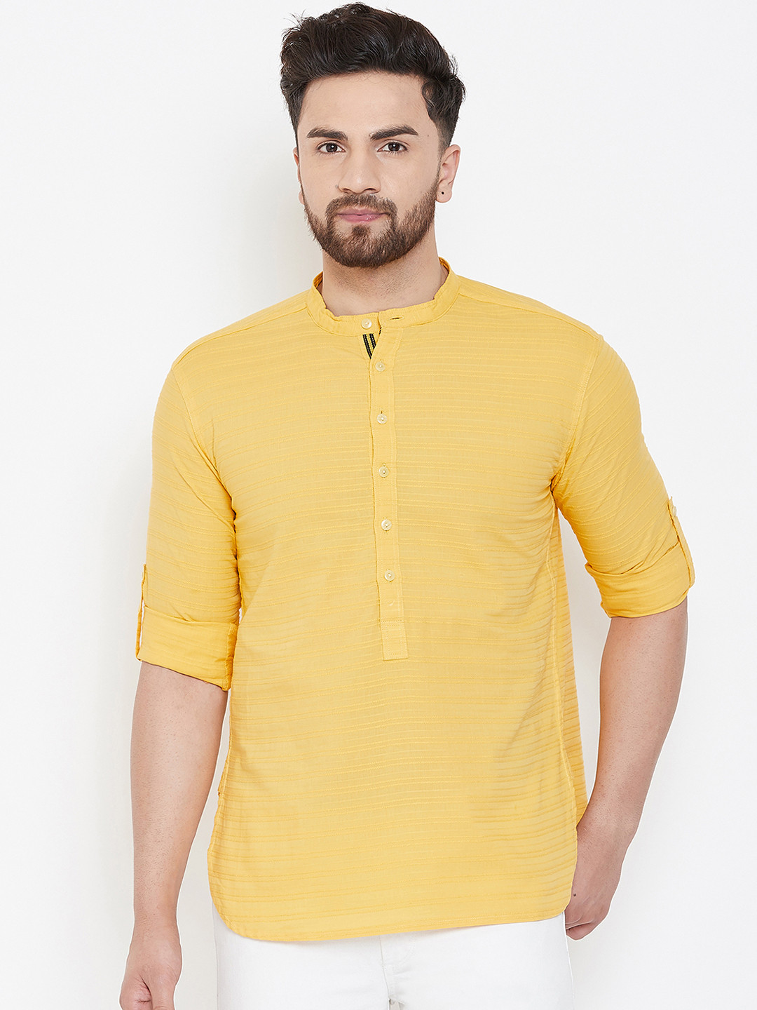 

even Men Yellow Striped Straight Kurta