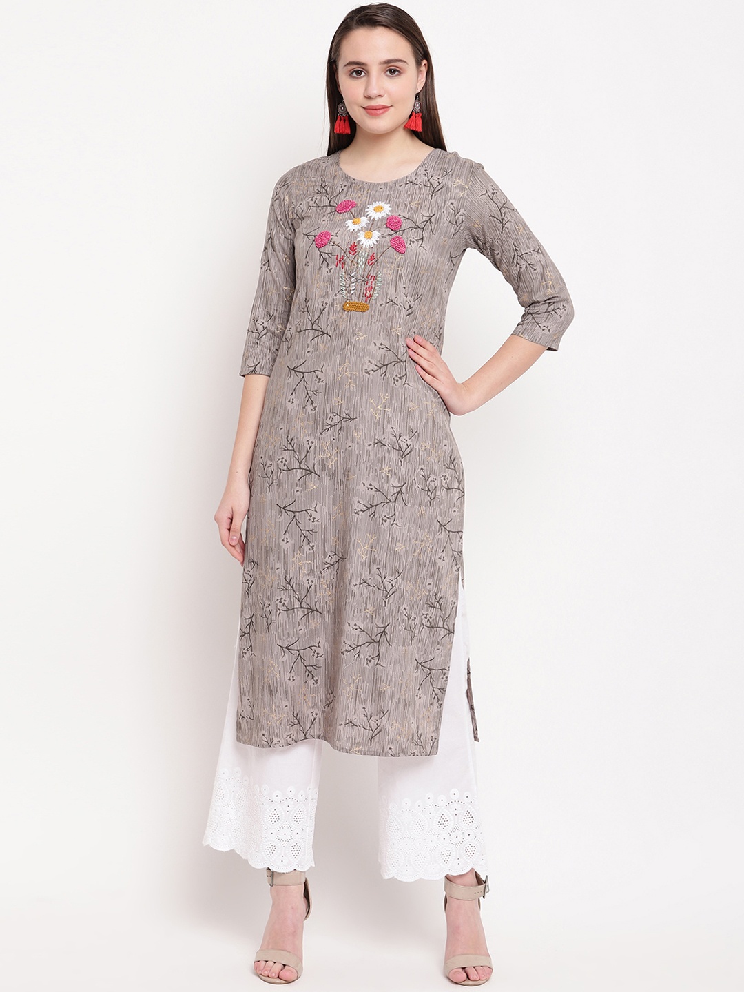 

Vbuyz Women Grey Embroidered Straight Kurta