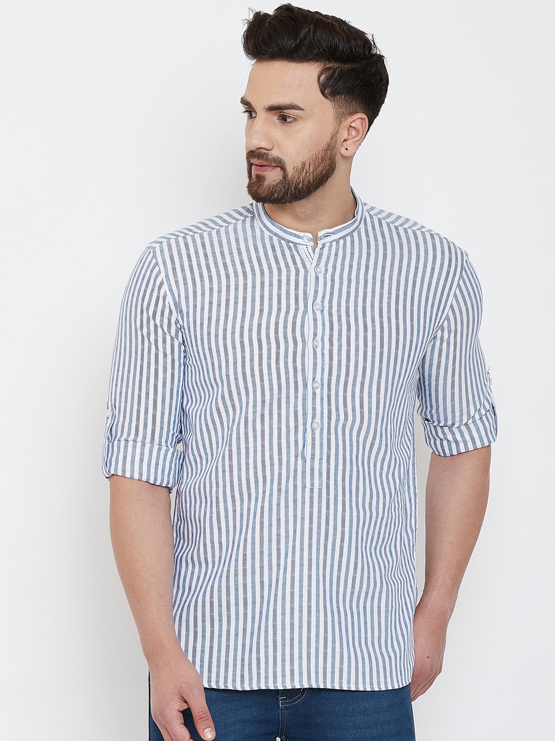 

even Men White & Blue Striped Straight Kurta