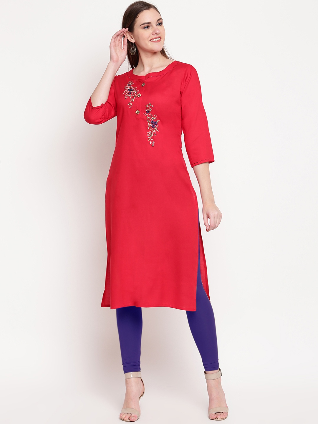 

Vbuyz Women Red Embroidered Straight Kurta