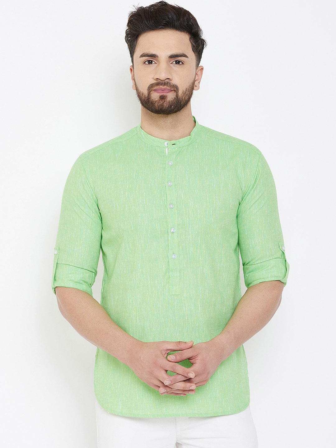 

even Men Green Woven Design Straight Kurta