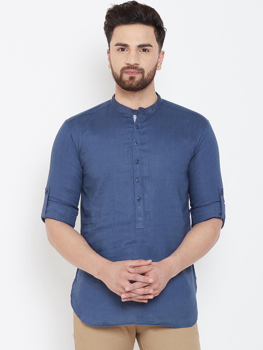 

even Men Blue Solid Straight Linen Kurta