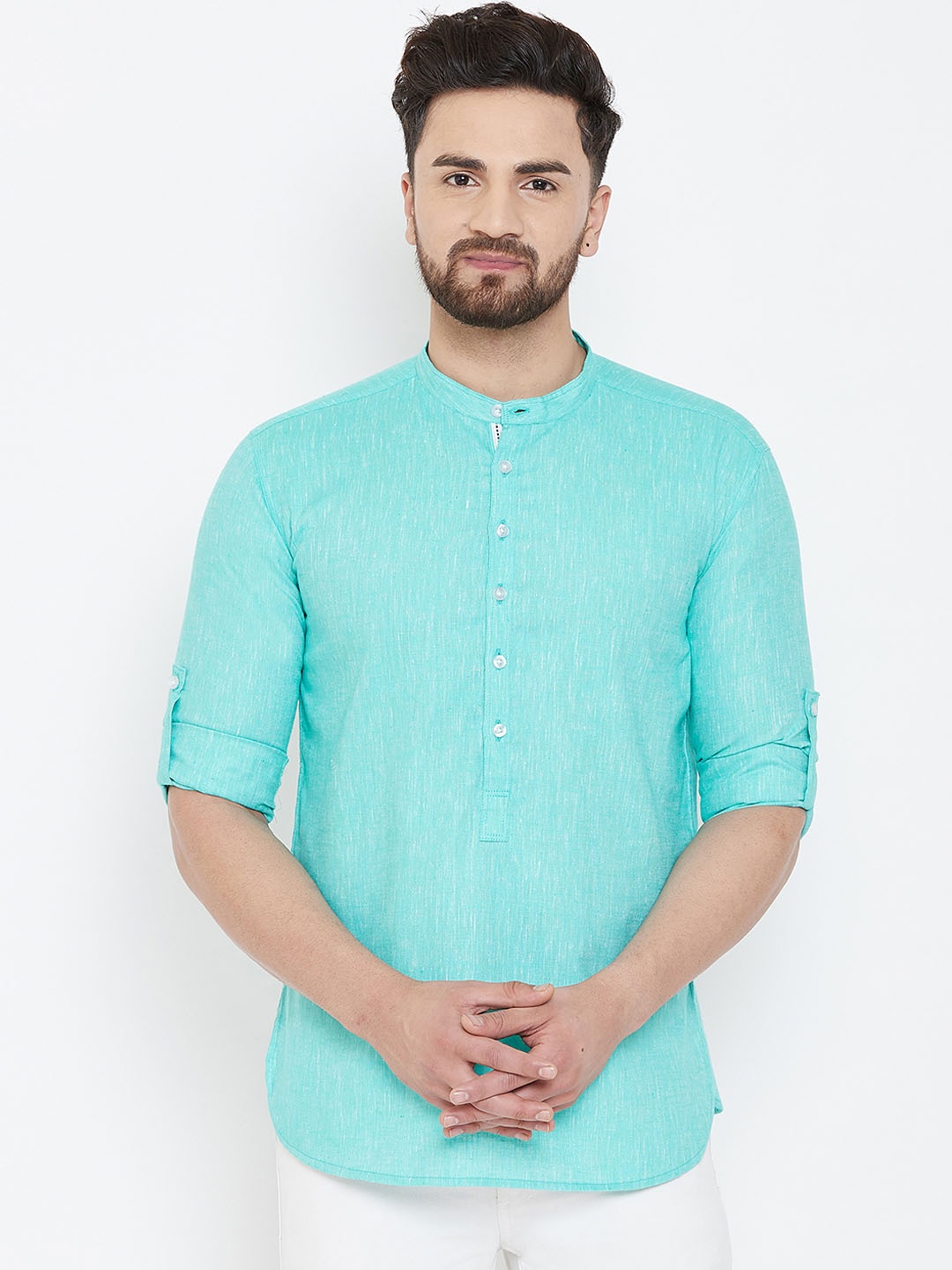 

even Men Turquoise Blue Solid Straight Linen Kurta
