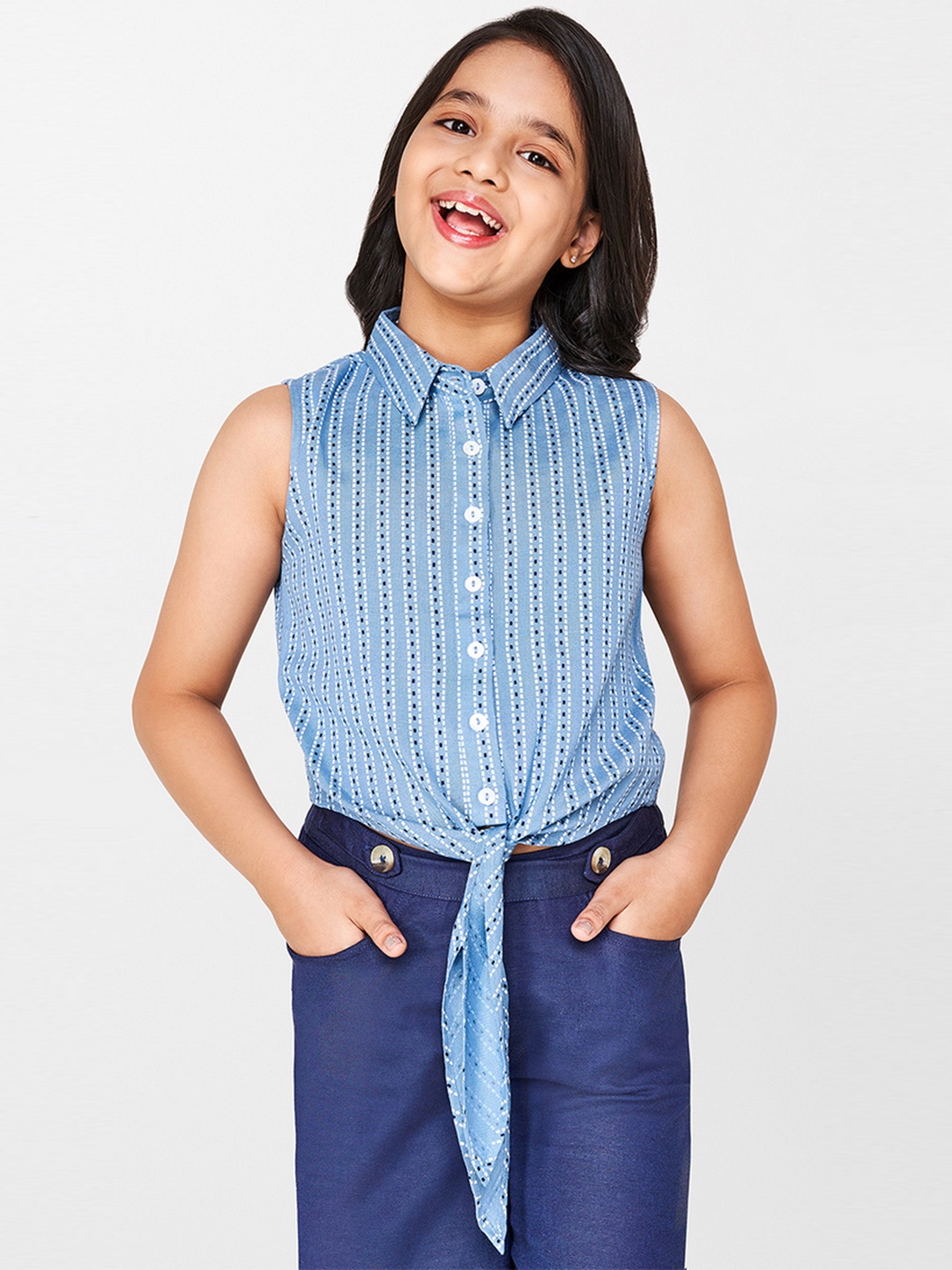 

Global Desi Girls Blue Striped Shirt Style Top