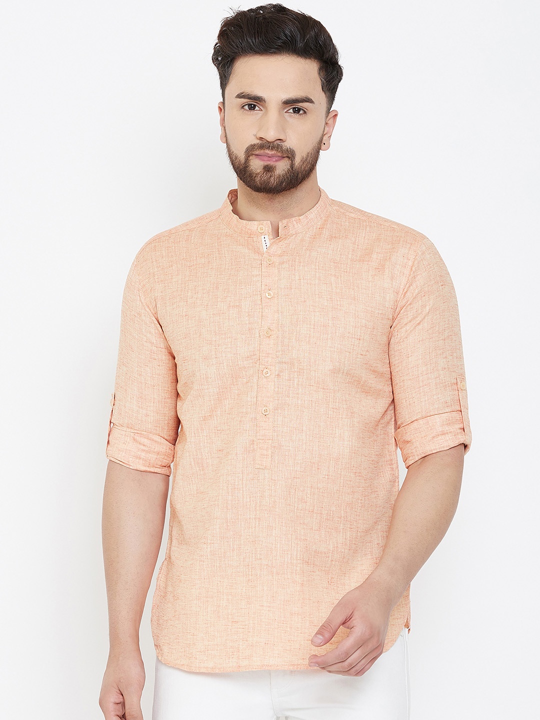 

even Men Peach-Coloured Solid Straight Linen Kurta