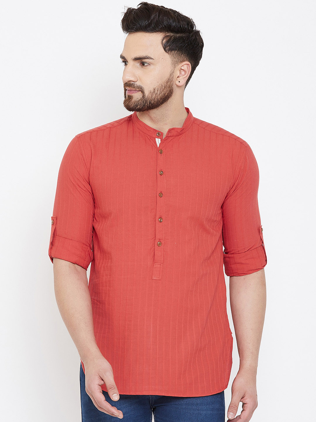 

even Men Orange Striped Straight Kurta