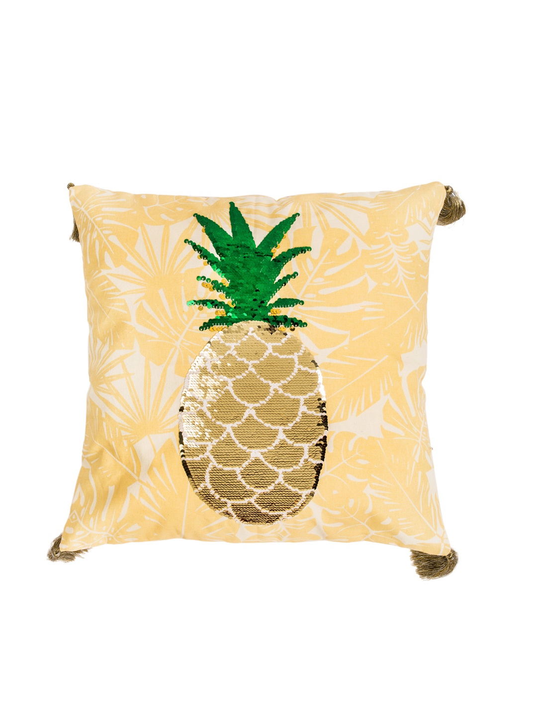 

Chumbak Yellow & Green Single Embellished Square Cushion Cover