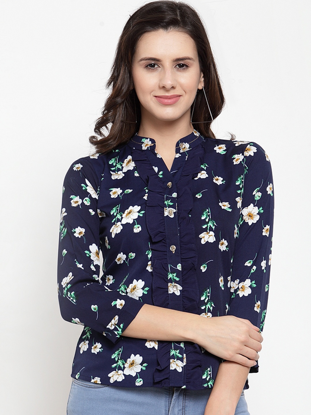 

klauressa Women Blue Printed Shirt Style Top