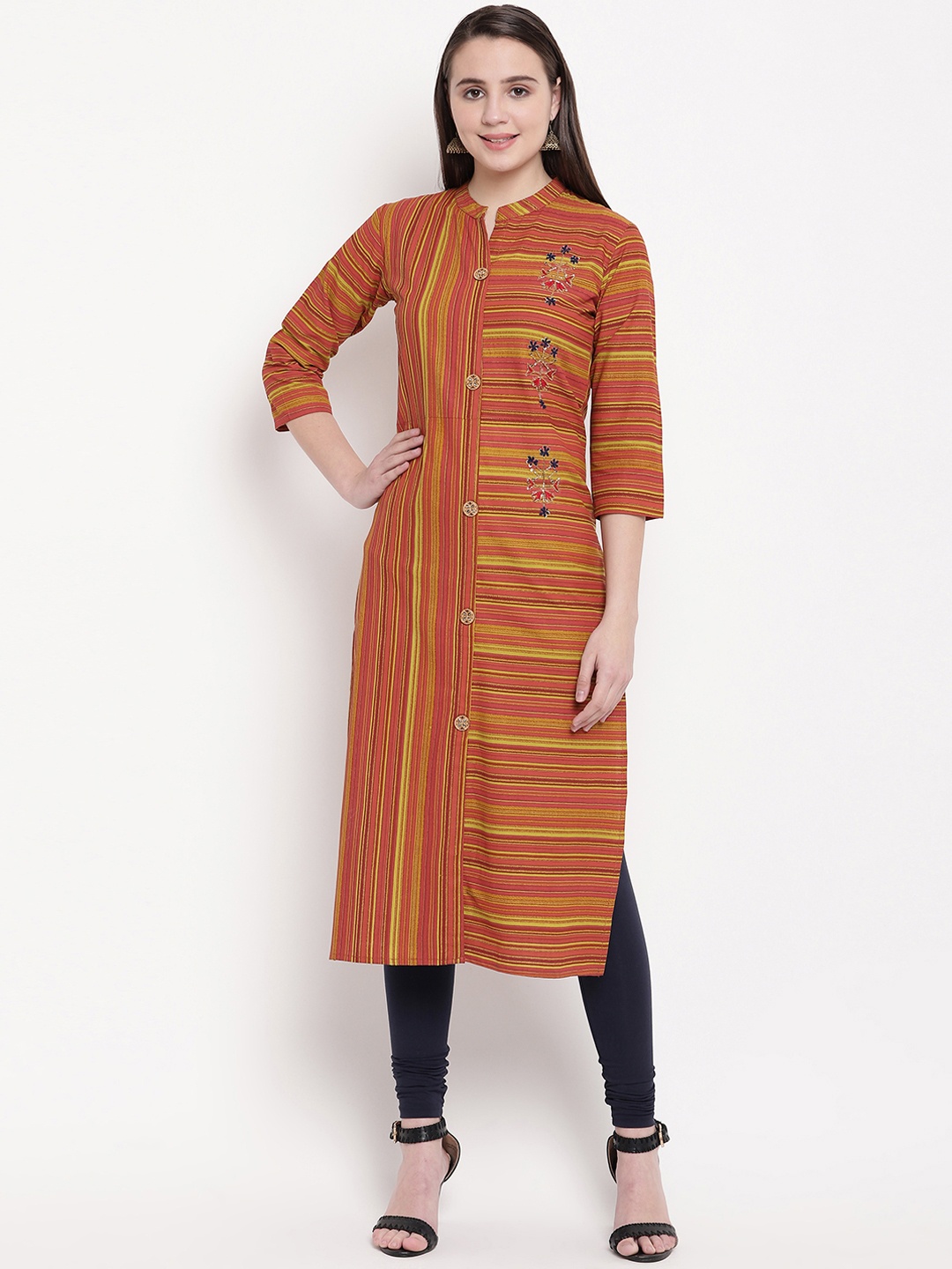 

Vbuyz Women Red & Yellow Striped Straight Kurta