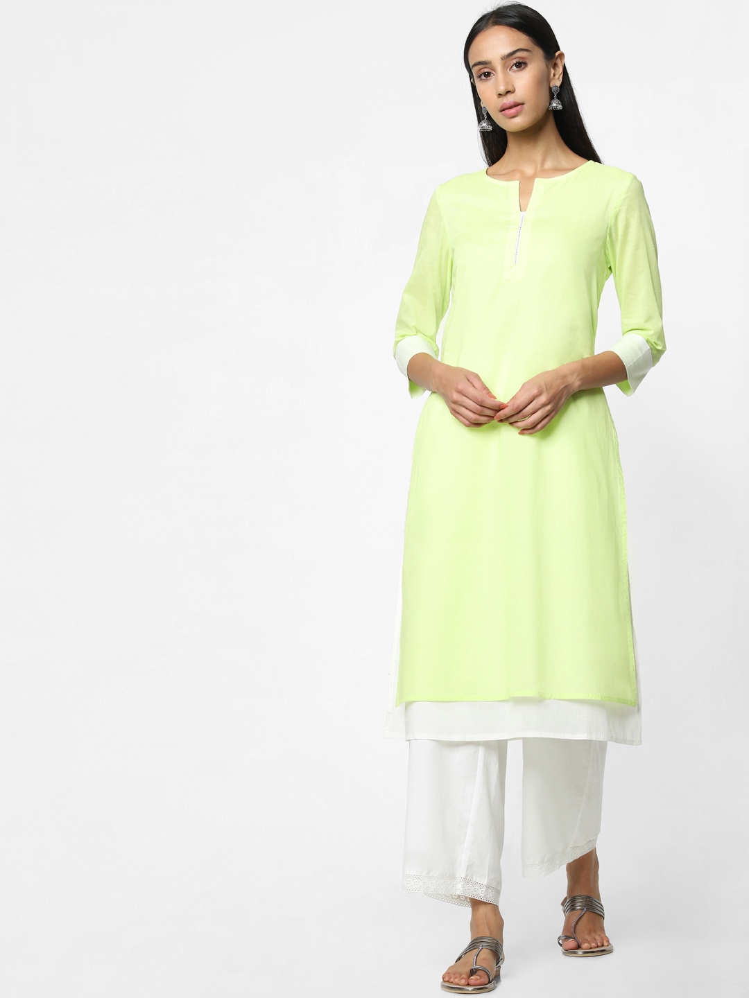 

Naari Women Lime Green & White Solid A-Line Layered Kurta