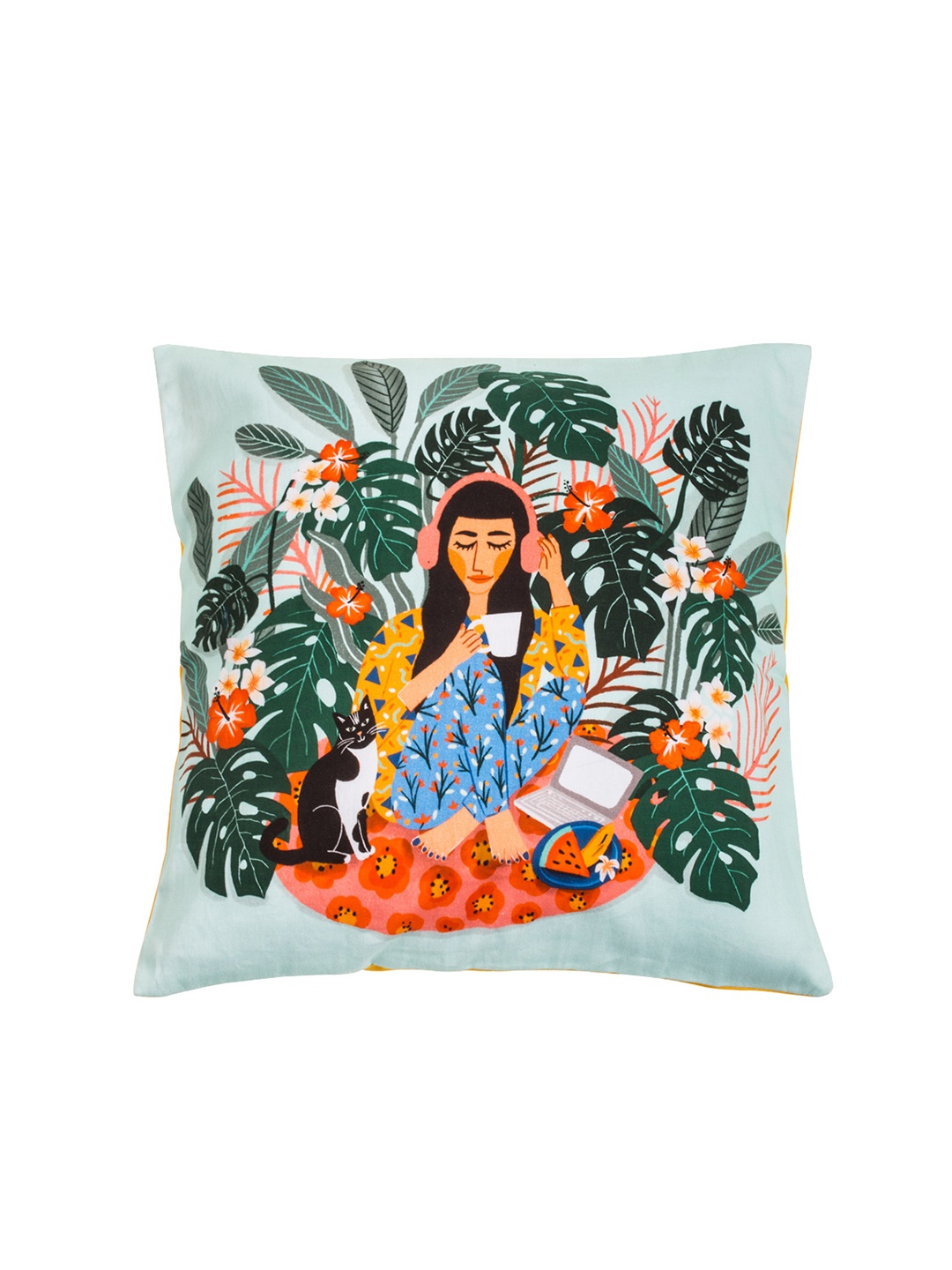

Chumbak Teal Green Single Abstract Square Cushion Cover