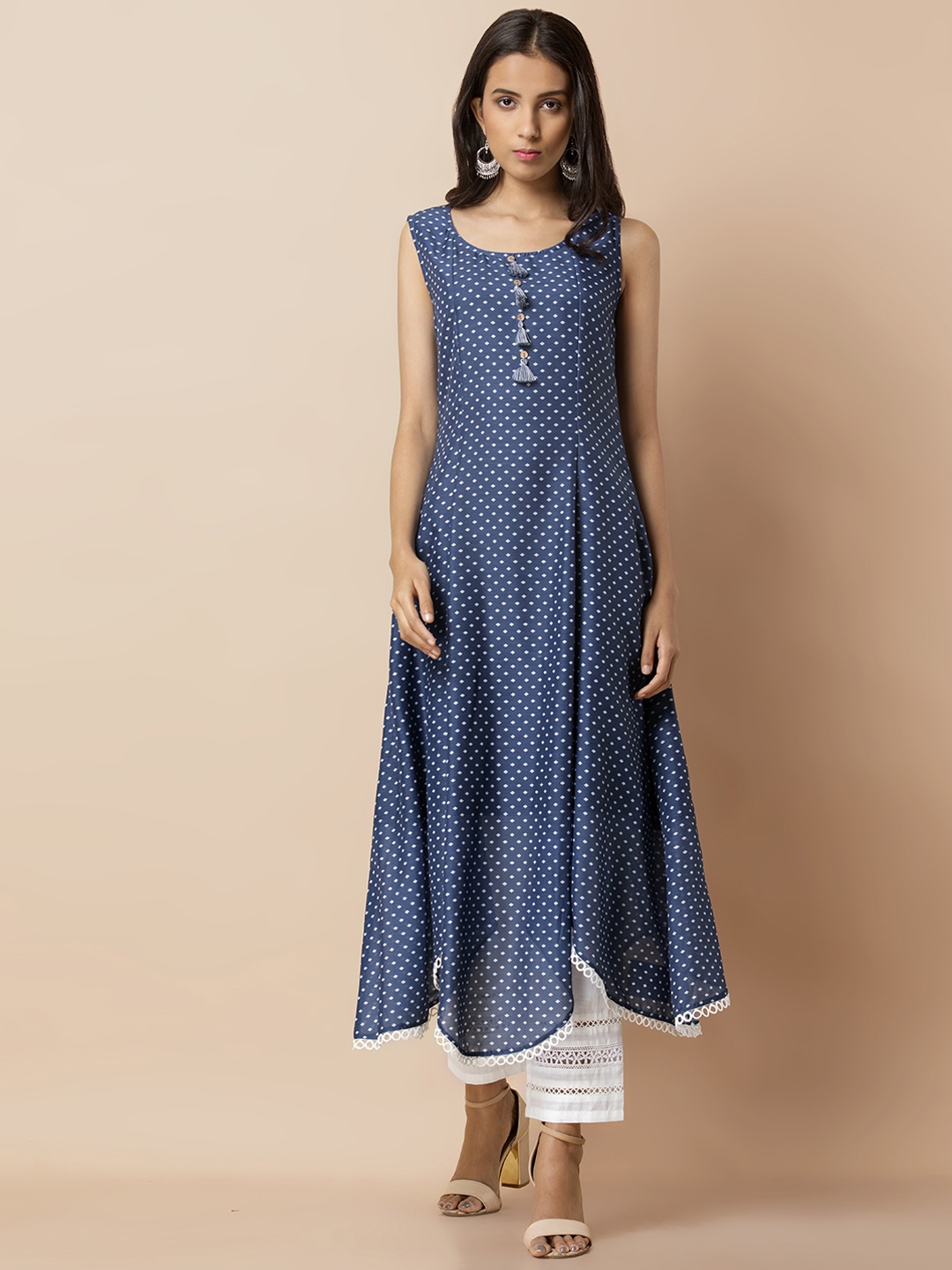 

INDYA Women Blue & White Printed Asymmetric Hemline Anarkali Kurta
