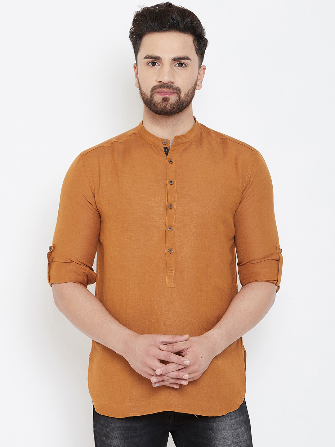 

even Men Brown Solid Straight Linen Kurta