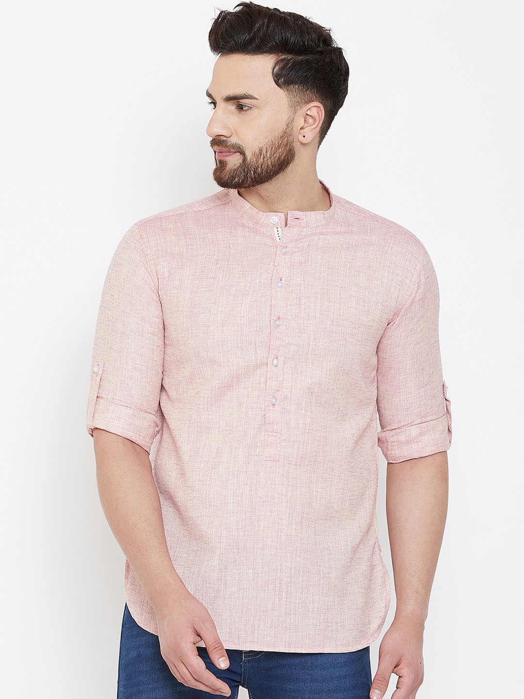 

even Men Pink Solid Straight Linen Kurta