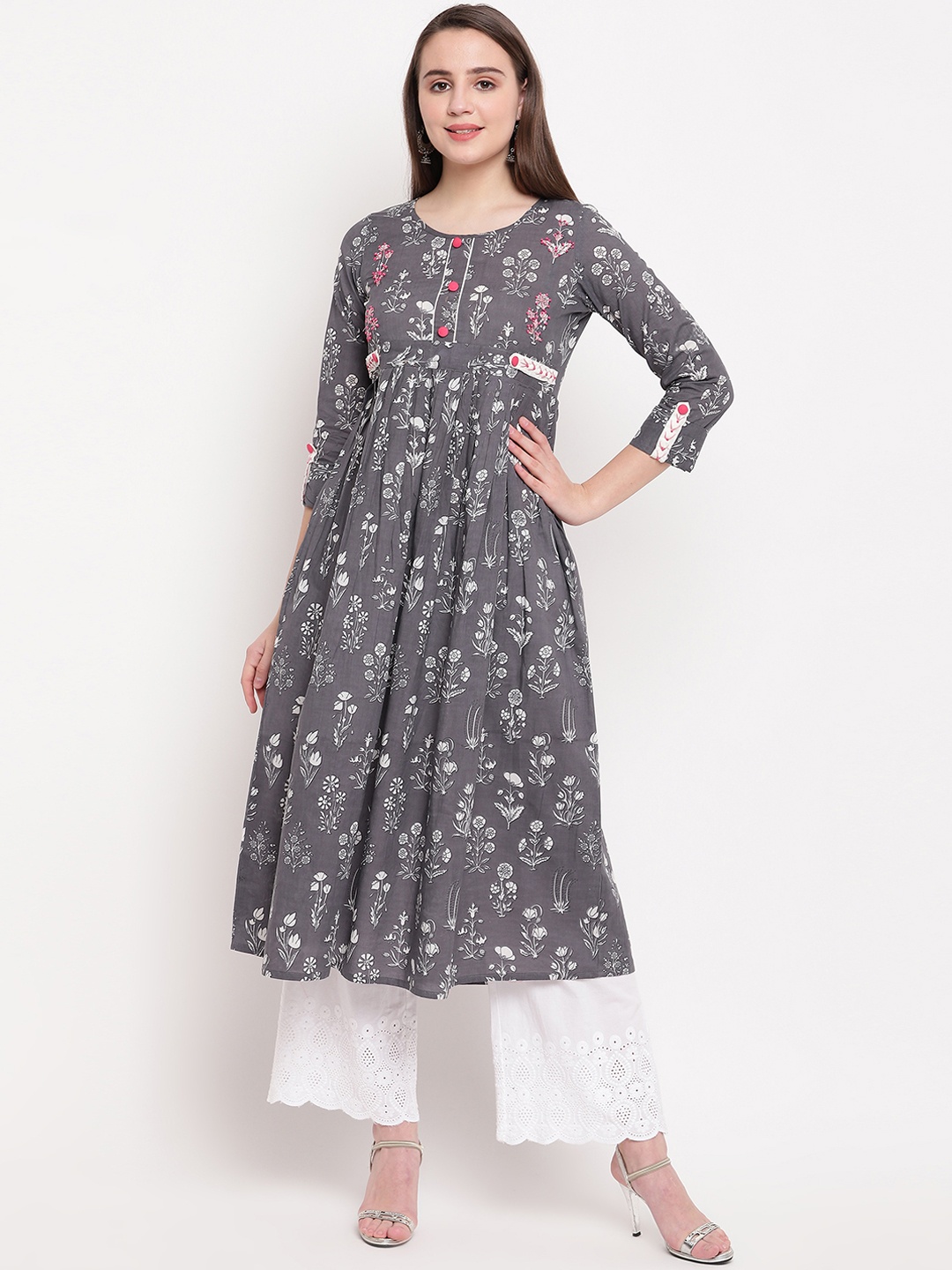 

Vbuyz Women Grey & White Printed Anarkali Kurta