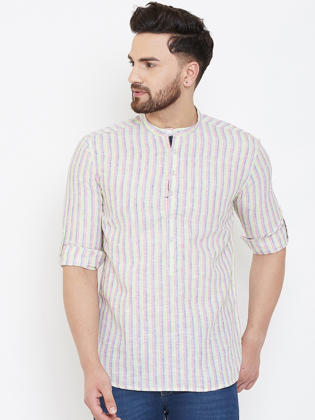 even Men Yellow & Pink Striped Straight Linen Kurta