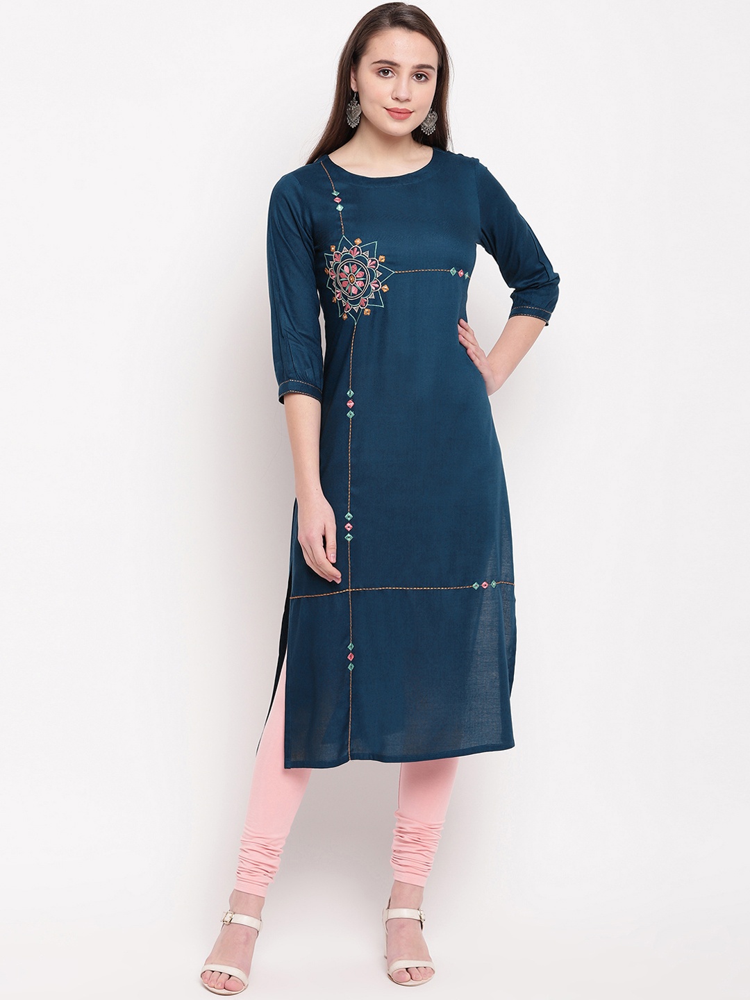 

Vbuyz Women Turquoise Blue Embroidered Straight Kurta