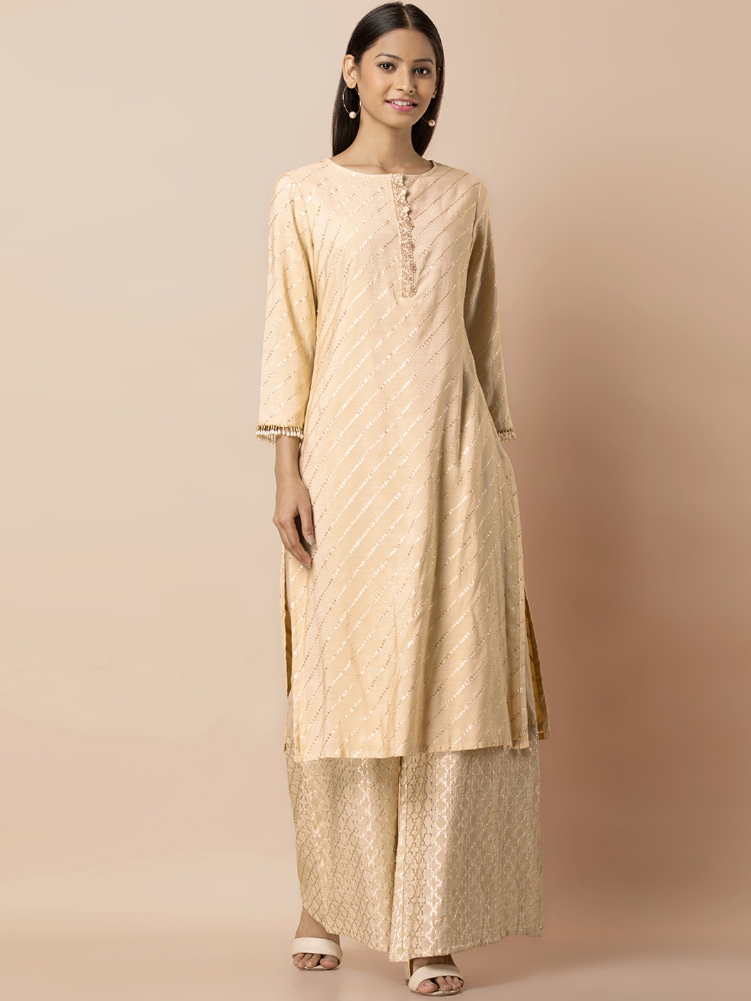 INDYA Women Beige & Golden Embellished Straight Kurta