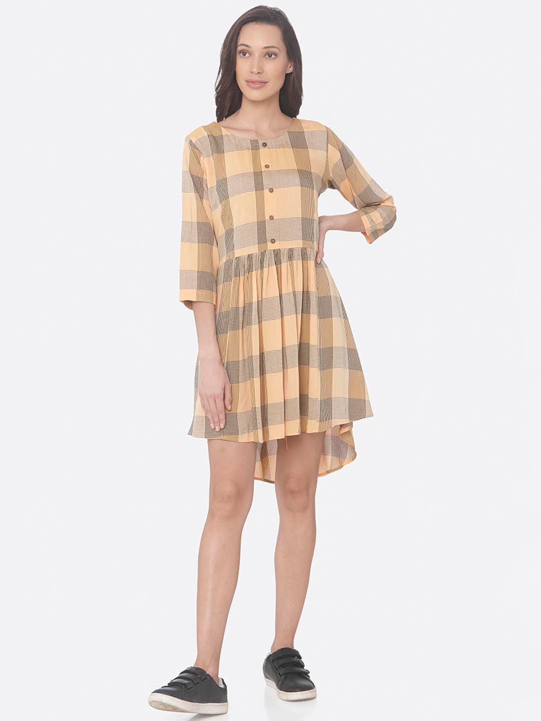 

RAISIN Women Yellow & Black Checked Fit and Flare Dress